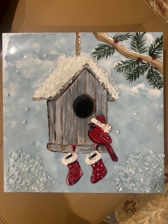 Cardinal Visits Birdhouse