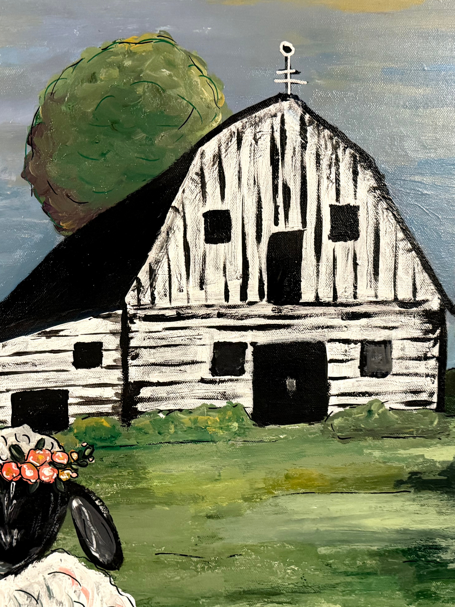 Painting Barn and Black White Sheep